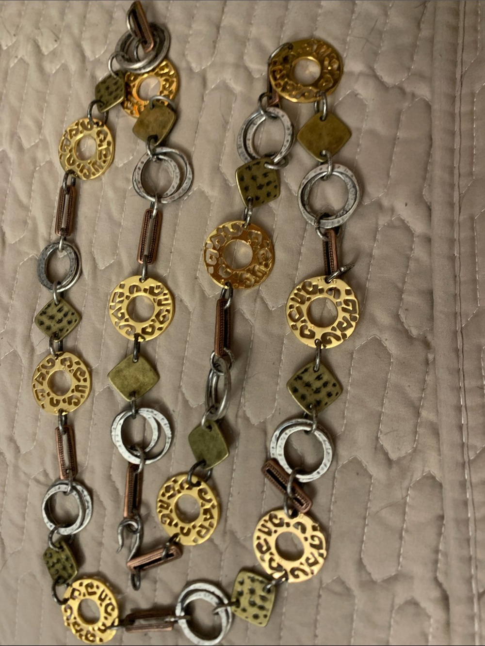 Mixed Metal Link Belt with Gold Discs and Olive Accents 49”L